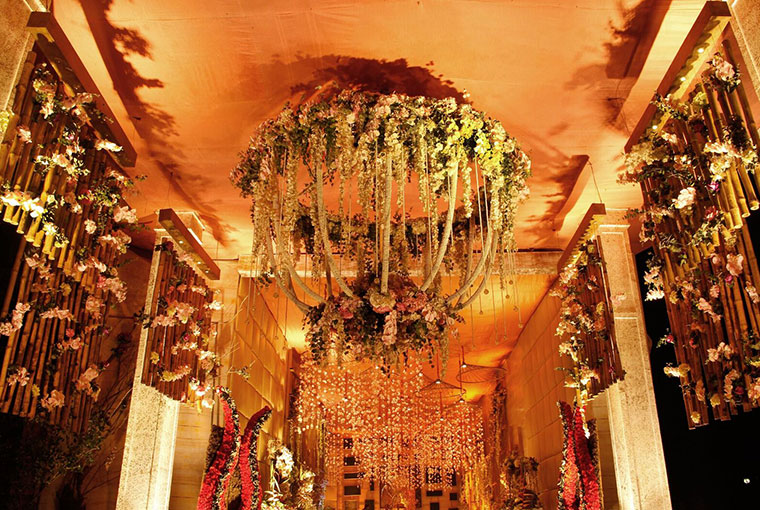 Floral chandelier at the entrance